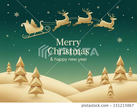 Christmas card with a golden Christmas tree and reindeer sleigh Christmas card with a golden Christmas tree and reindeer sleigh 131213867