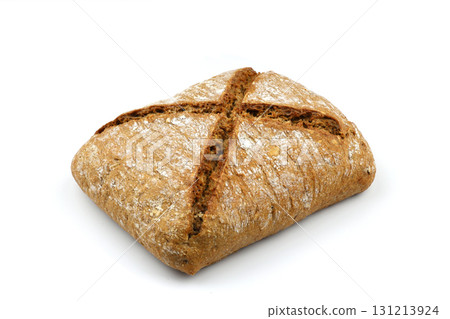 Sliced homemade sourdough rye bread with rye flour on white textured background. Top view or flat-lay. Sliced homemade sourdough rye bread with rye flour on white textured background. Top view or flat-lay. 131213924