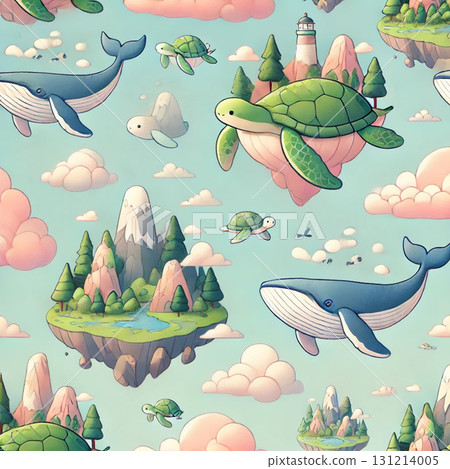 Whimsical Floating Islands with Whales and Turtles A Fantasy Landscape Illustration 131214005