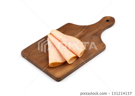 sliced cold smoked turkey breast isolated on white background. top view sliced cold smoked turkey breast isolated on white background. top view 131214137