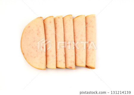 sliced cold smoked turkey breast isolated on white background. top view 131214139