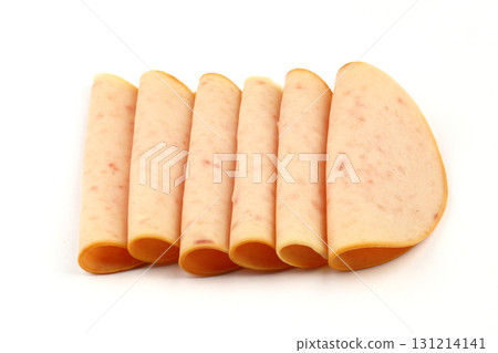 sliced cold smoked turkey breast isolated on white background. top view 131214141