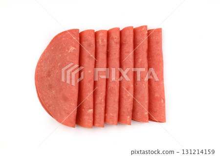 Sliced boiled ham sausage isolated on white background Sliced boiled ham sausage isolated on white background 131214159