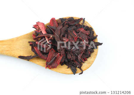 Karkade tea. Hibiscus tea leaves in wooden spoon isolated on white background. File contains clipping path. Top view. 131214206