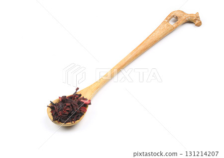 Karkade tea. Hibiscus tea leaves in wooden spoon isolated on white background. File contains clipping path. Top view. Karkade tea. Hibiscus tea leaves in wooden spoon isolated on white background. File contains clipping path. Top view. 131214207