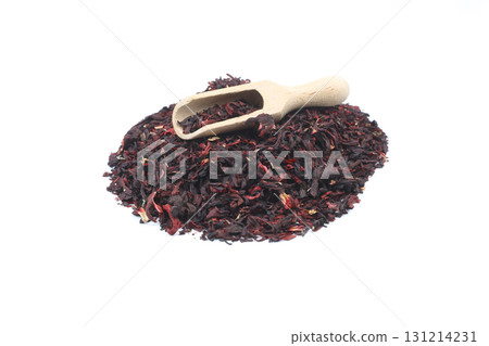 Karkade tea. Hibiscus tea leaves in wooden scoop isolated on white background. File contains clipping path. Top view. Karkade tea. Hibiscus tea leaves in wooden scoop isolated on white background. File contains clipping path. Top view. 131214231