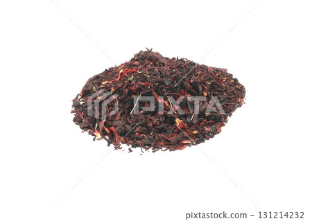 Hibiscus, a pile of red dried Hibiscus tea leaves. Karkade tea. On white background. View from above. Hibiscus, a pile of red dried Hibiscus tea leaves. Karkade tea. On white background. View from above. 131214232