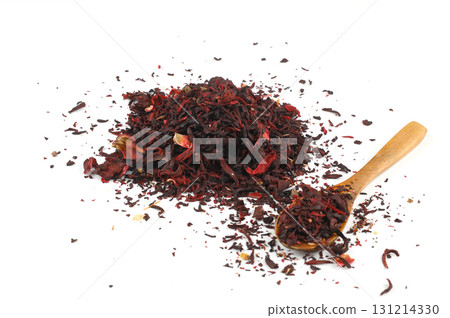 Hibiscus, a pile of red dried Hibiscus tea leaves. Karkade tea. On white background. View from above. 131214330