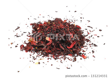 Hibiscus, a pile of red dried Hibiscus tea leaves. Karkade tea. On white background. View from above. Hibiscus, a pile of red dried Hibiscus tea leaves. Karkade tea. On white background. View from above. 131214331