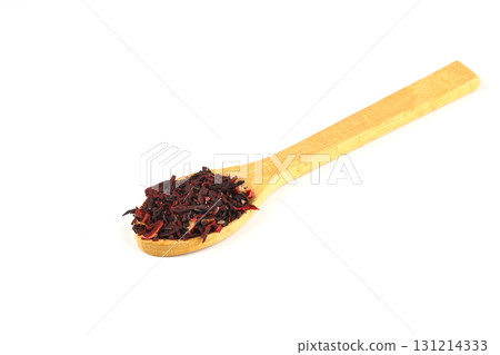 Karkade tea. Hibiscus tea leaves in wooden spoon isolated on white background. File contains clipping path. Top view. 131214333