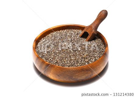 Chia seeds in wooden spoon. Healthy superfood rich in Omega 3 fatty acids Chia seeds in wooden spoon. Healthy superfood rich in Omega 3 fatty acids 131214380
