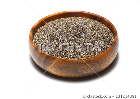 Chia seeds in wooden spoon. Healthy superfood rich in Omega 3 fatty acids 131214381