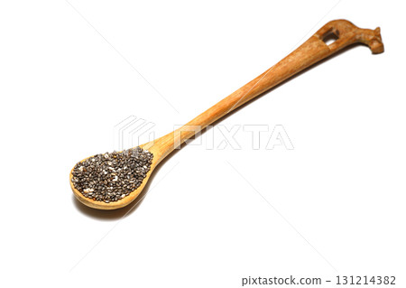 Chia seeds in wooden spoon. Healthy superfood rich in Omega 3 fatty acids 131214382