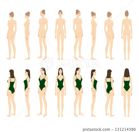 Vector illustration of a 9 head woman in green and without swimsuit, displaying multiple angles including front, side, . Vector illustration of a 9 head woman in green and without swimsuit, displaying multiple angles including front, side, . 131214390