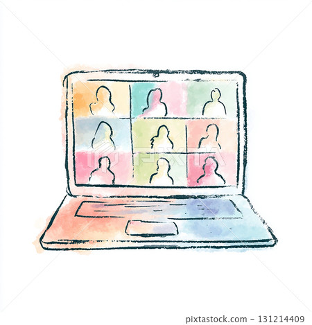 水彩風格筆記型電腦和線上會議/遠端工作插圖 131214409