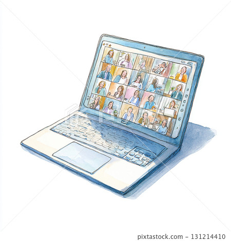 水彩風格筆記型電腦和線上會議/遠端工作插圖 131214410