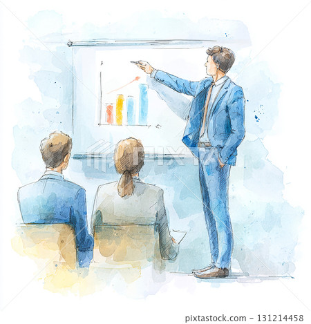 Watercolor style businessmen meeting and presentation landscape illustration 131214458