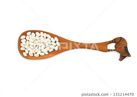 White Beans in a wooden spoon close-up on a white background. Vegetarian food. 131214470