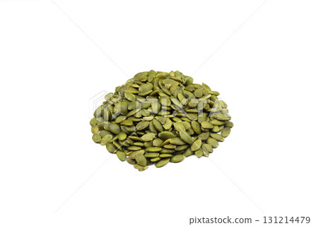 Bunch of delicious, healthy, nutritious green pumpkin seeds on a white background are laid out in a slide. Dry peeled pumpkin seed kernels on a white background Bunch of delicious, healthy, nutritious green pumpkin seeds on a white background are laid out in a slide. Dry peeled pumpkin seed kernels on a white background 131214479