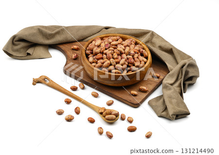 red kidney beans in wooden spoon isolated on white background. 131214490