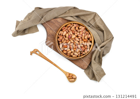 red kidney beans in wooden spoon isolated on white background. 131214491