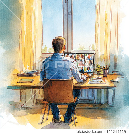 Watercolor style illustration of businessman working from home and attending online meeting 131214529
