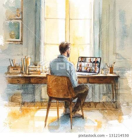 Watercolor style illustration of businessman working from home and attending online meeting 131214530
