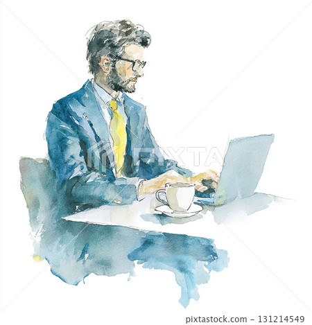 Watercolor style illustration of a businessman in a suit working on a laptop 131214549