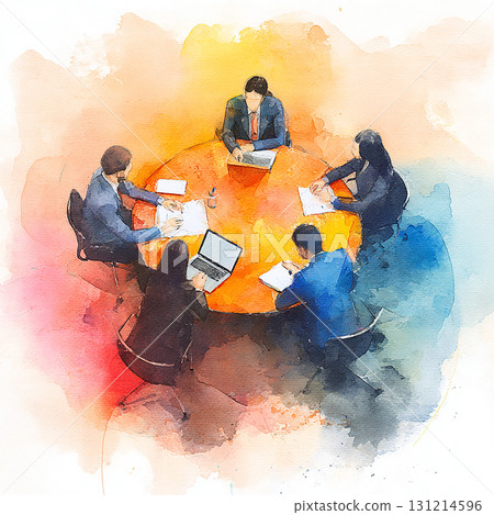Watercolor style business meeting illustration with a round table 131214596