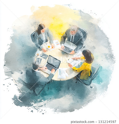 Watercolor style business meeting illustration with a round table Watercolor style business meeting illustration with a round table 131214597