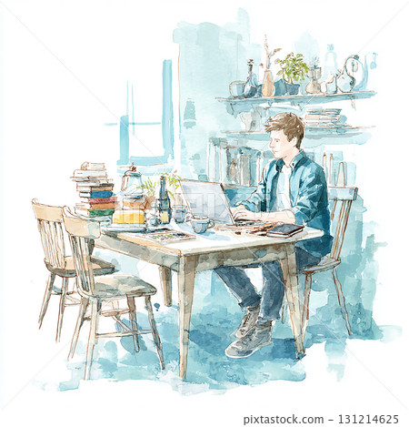 水彩風格的男人和筆記型電腦,在家工作,遠距辦公插圖 水彩風格的男人和筆記型電腦,在家工作,遠距辦公插圖 131214625