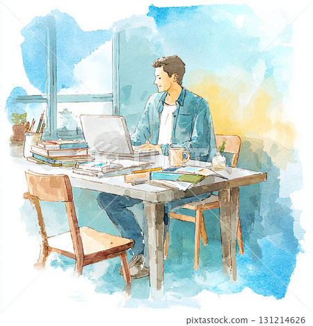 水彩風格的男人和筆記型電腦，在家工作，遠距辦公插圖 131214626