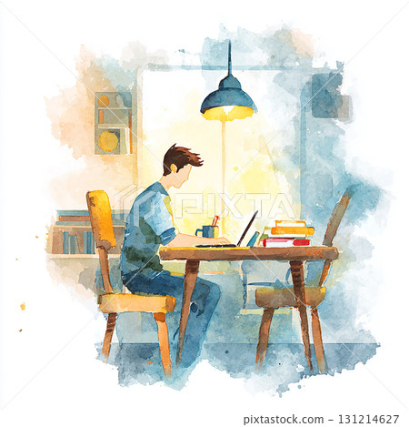 水彩風格的男人和筆記型電腦，在家工作，遠距辦公插圖 131214627