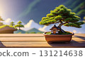 A pine bonsai tree with a small house 131214638