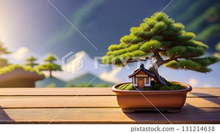A pine bonsai tree with a small house 131214638