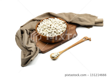 white kidney bean in wooden bowl isolated on white background. Top view. Flat lay white kidney bean in wooden bowl isolated on white background. Top view. Flat lay 131214666