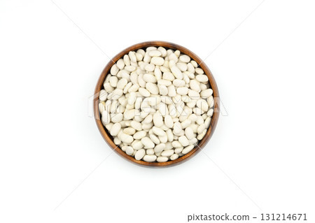 white kidney bean in wooden bowl isolated on white background. Top view. Flat lay white kidney bean in wooden bowl isolated on white background. Top view. Flat lay 131214671