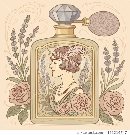 Elegant perfume bottle with flapper on label surrounded with soft flowers. Vector poster Elegant perfume bottle with flapper on label surrounded with soft flowers. Vector poster 131214747