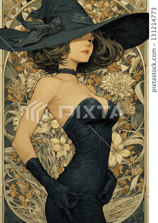 Fantasy illustration of a woman in a black dress | Art Nouveau style art expression 131214773