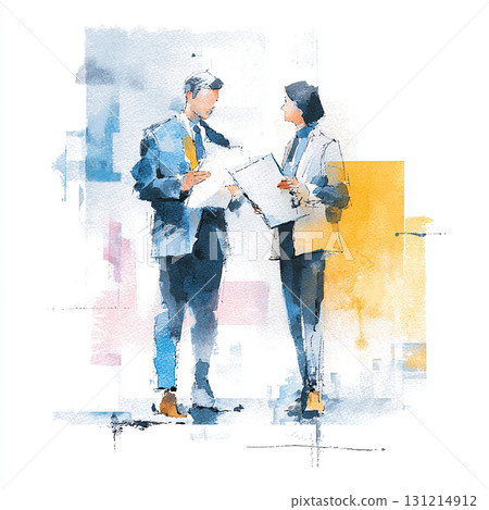 兩位商人開會審閱文件的水彩畫 兩位商人開會審閱文件的水彩畫 131214912