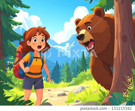 Bear encounter while hiking - safety awareness illustration 131215582