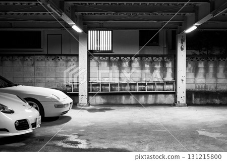 Parking lot at night, concrete, monochrome Parking lot at night, concrete, monochrome 131215800