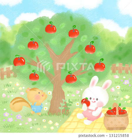 秋天_松鼠和兔子摘蘋果的插圖 131215858