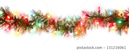 Colorful glowing Christmas lights garland decoration transparent PNG cutout, isolated background 131216061