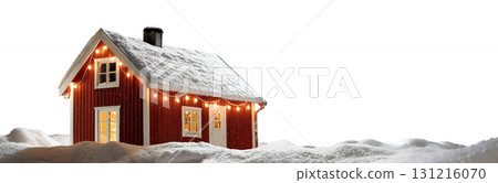 Cozy festive red Christmas house toy decorated with lights transparent PNG cutout, isolated background. Holiday season ornament giving a fuzzy and pleasant feeling, copy space 131216070