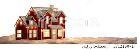 Cozy festive red Christmas house toy decorated with lights transparent PNG cutout, isolated background. Holiday season ornament giving a fuzzy and pleasant feeling, copy space 131216071