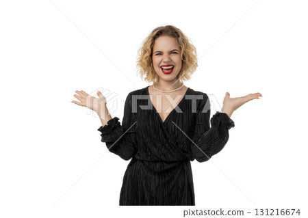 Excited woman shops for Black Friday deals, isolated, PNG Excited woman shops for Black Friday deals, isolated, PNG 131216674