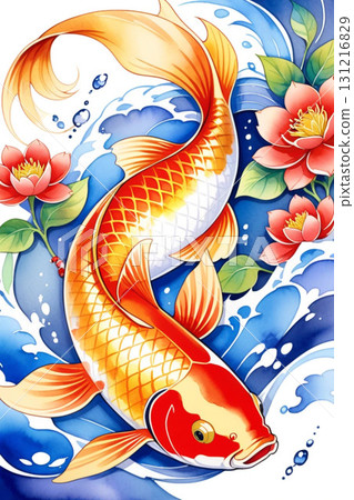 錦鯉游泳的夏季圖像的水彩風格插圖 131216829