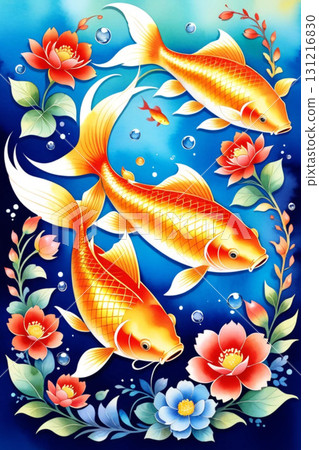 水彩風格插圖,描繪了華麗的金魚在水中游動的夏季景象 水彩風格插圖,描繪了華麗的金魚在水中游動的夏季景象 131216830