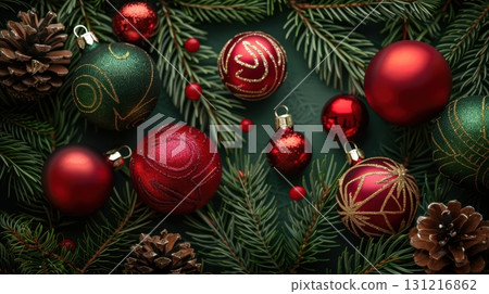 Festive Ornaments and Pine Cones on a Green Holiday Background 131216862